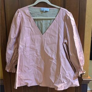 Tuckernuck Women’s  PinkXL Faux Leather Easton Blouse V-Neck Ruffle Sleeve Flare